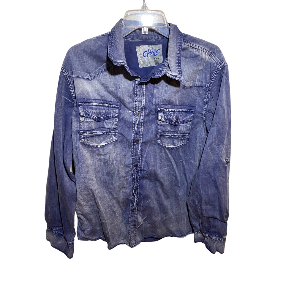 Chals Mens Blue Faded Denim‎ Style Button Down Shirt Western Roll Tab XL